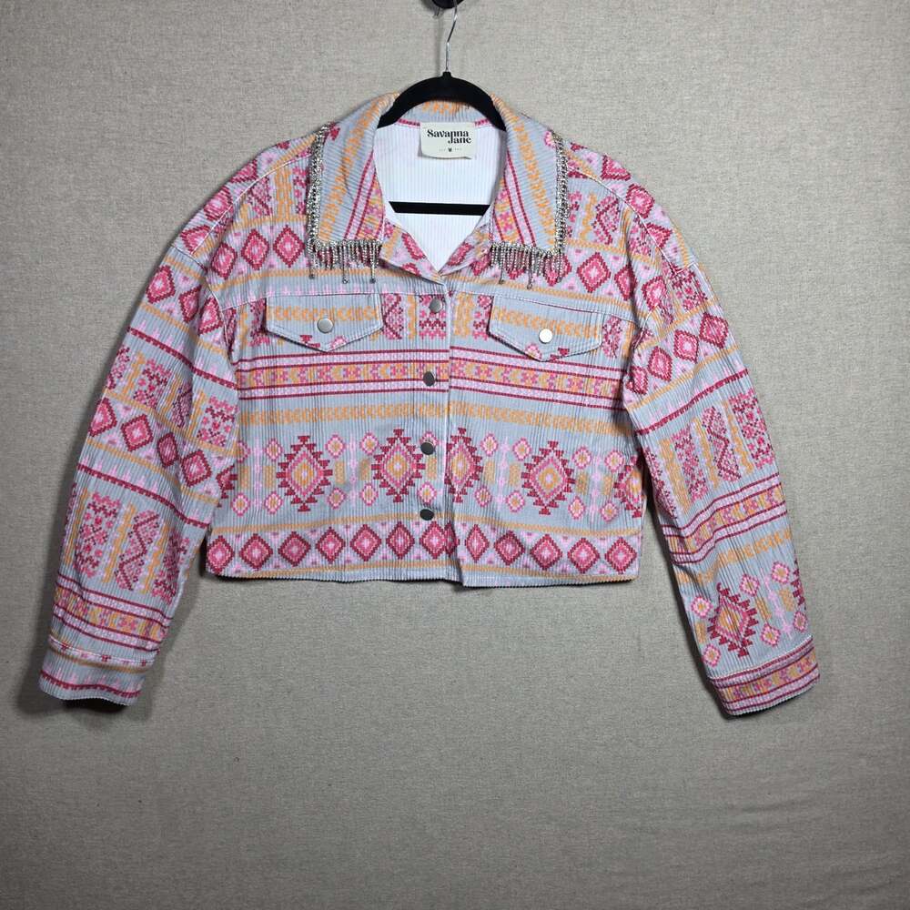 Savanna Jane Pink southwestern print rhinestone corduroy Jacket Cropped medium